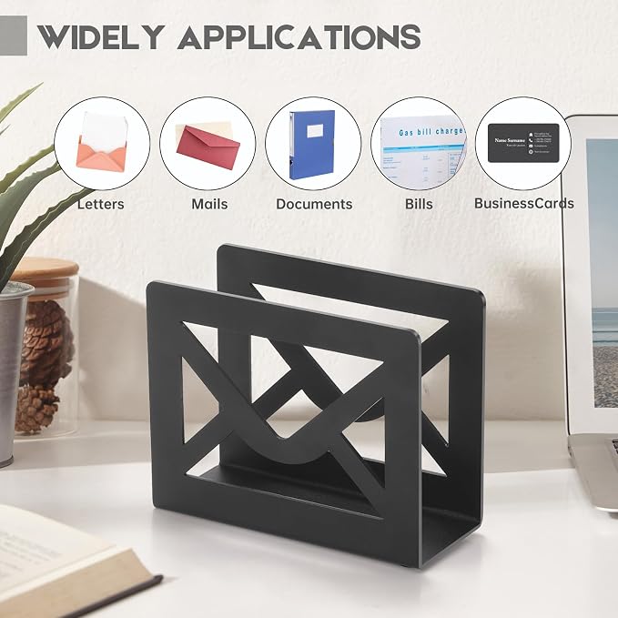 Desktop Metal Mail Holder,Modern Black Letter Organizer for Desk with Cutout Envelope Design,Home and Office Envelope and Document Storage Rack (Black)
