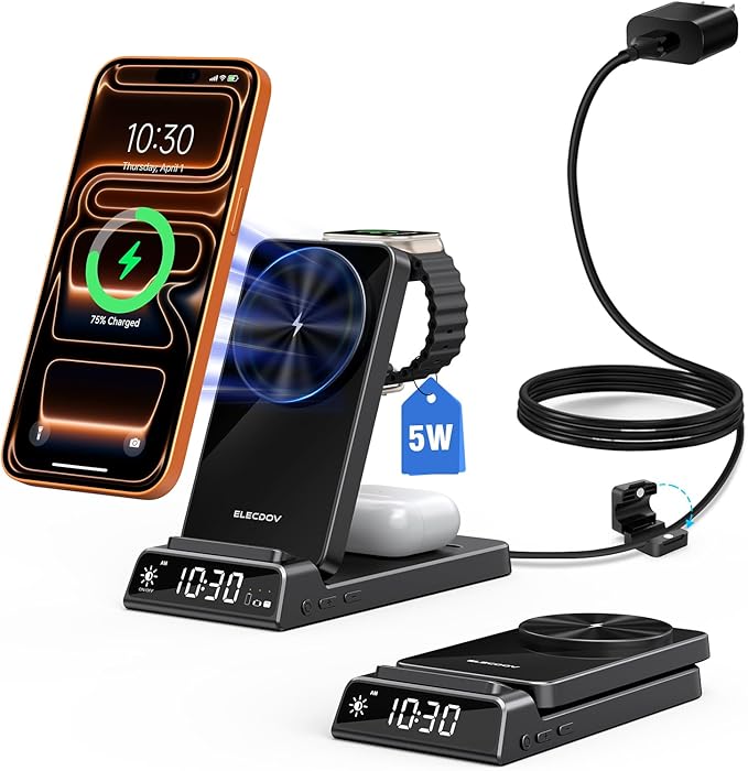 3 in 1 Charging Station for Apple, Magnetic Charger for iPhone, Foldable Wireless Charger with Clock, Travel Watch Charger Stand for iPhone 17/Air/16/15 Series, iWatch 10/AirPods 4 (Black)