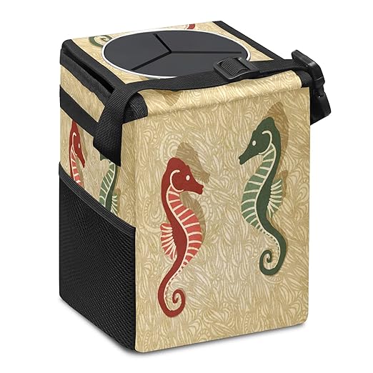 Car Trash Can Retro Seahorse Auto Garbage Bag Car Trash Can with Lid Leak-Proof Car Storage Bag Garbage Bag Hanging for Headrest Collapsible and Portable with Storage Mesh Pocket