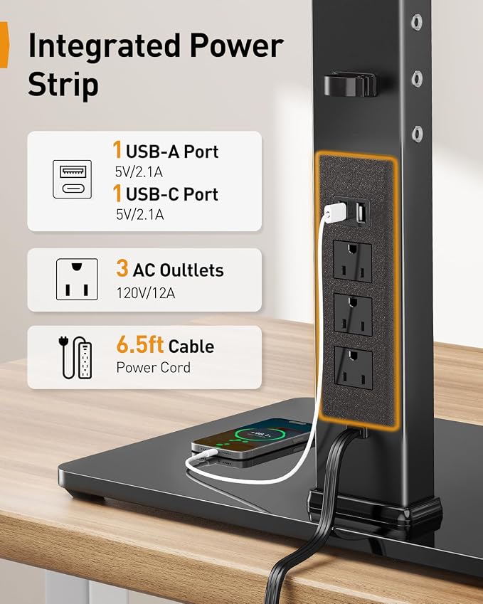 Perlegear Dual Monitor Stand with Power Strip, Freestanding Computer Monitor Stand for 2 Screens up to 32 Inch, Monitor Stand Riser with Glass Base and Adjustable Arms, Holds 22 lbs per Arm, PGTVS41B