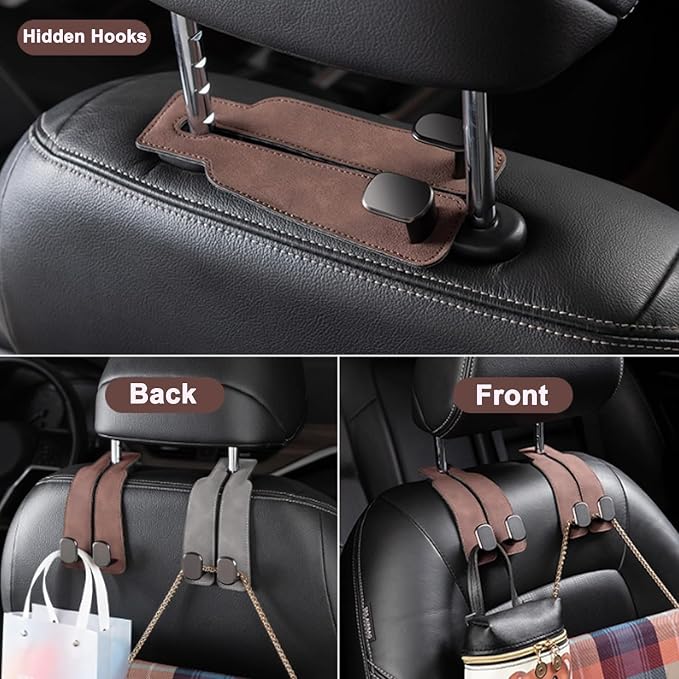 Amelity Car Headrest Hooks, Purse Hook for Vehicle 4 Pack Brown | Universal Car Interior Accessories for Women, Available in 2/4 Pack, Storage Hanger Holds Purses, Backpacks, Grocery Bags