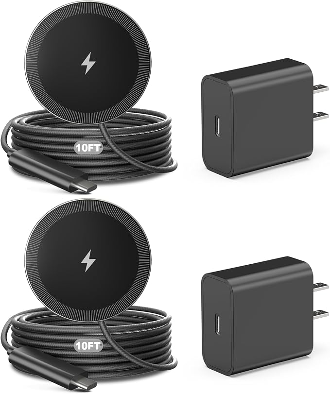 10FT Magnetic Wireless Charger Charging Pad - 15W Fast Phone Charger Puck for Apple iPhone 17 16 15 14 13 12 Series & AirPods 4 3 2 Pro, Phone Charging Pad with Plug for Desk & Travel, 2Pack Black