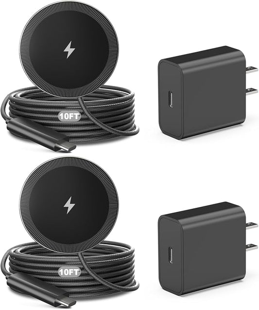 10FT Magnetic Wireless Charger Charging Pad - 15W Fast Phone Charger Puck for Apple iPhone 17 16 15 14 13 12 Series & AirPods 4 3 2 Pro, Phone Charging Pad with Plug for Desk & Travel, 2Pack Black