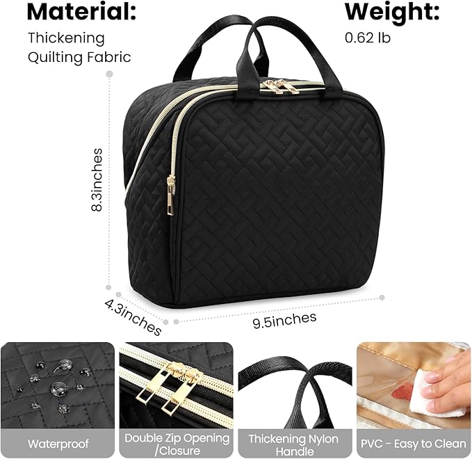 Makeup Bag, Large Capacity with Room for Brushes and Mirror, Travel Makeup Organizer, Portable Standing Make Up Case, Waterproof Cosmetic Toiletry Bags with Handle, Color Black