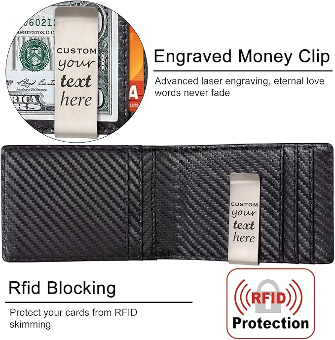 kullder Mens Custom Wallet Slim Engraved Wallets with Clip Personalized Gifts for Him RFID Blocking Bifold Pocket Wallet Card Holder for Men Huaband Boyfriend Dad Son Gift for Men