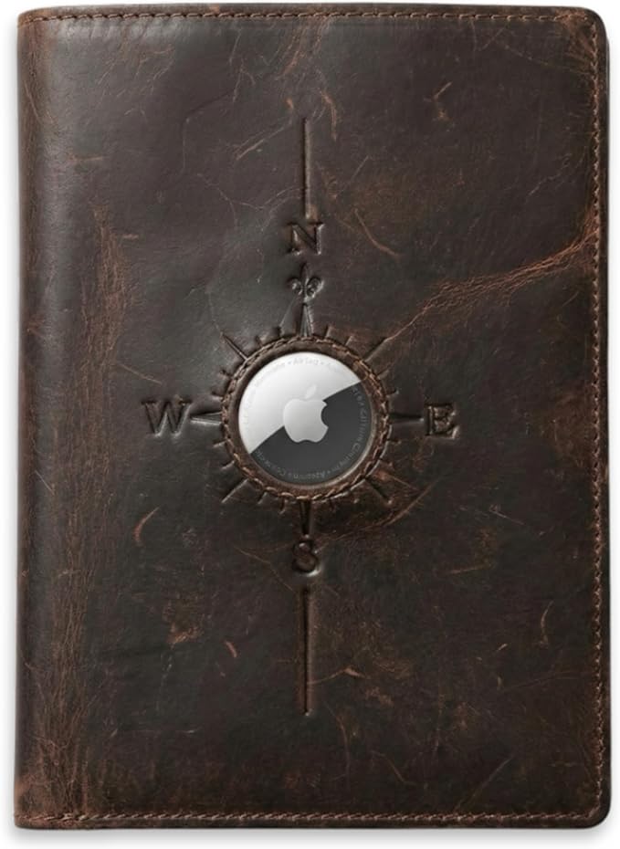 SETTINI Genuine Leather Passport Holder for Travel with AirTag Slot — RFID Blocking Passport Wallet, Find My Compatible, 6 Card Slots & ID Window, Compass Design, Gift Box (AirTag Not Included)