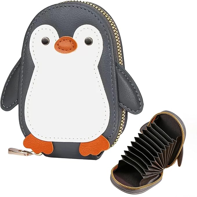 NovelCute Cartoon Penguin-shaped Coin Purse PU Leather Accordion Card Holder Large Capacity Zippered Money and Card Organizer Portable Mini Coin Purse Key Pouch(grey)