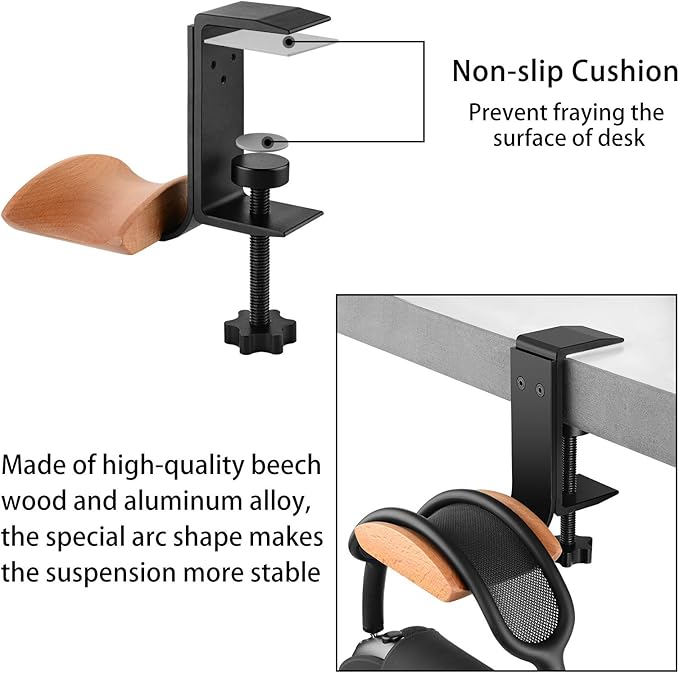 Linkidea Headphone Stand Hanger Compatible with Airpods Max, Bracket Wood Headphone Headset Hanger Holder, Clamp Rack Hook Under Desk Table Headphone Hanger Holder (Beech)