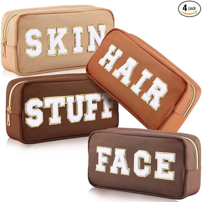 Remerry 4 PCS Nylon Cosmetic Bags Waterproof Spacious Travel Makeup Organizer for Women Chenille Letter Preppy Zipper Pouch Face Stuff Skin Hair Organizer Gift(Brown Series)