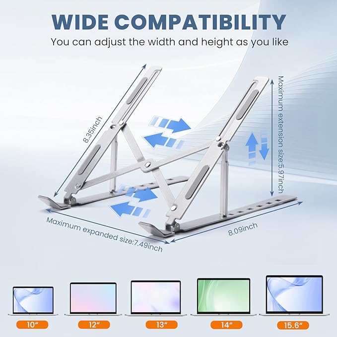 Portable Laptop Stand, Adjustable Ergonomic Aluminium Laptop Mount Stand, Detachable Notebook Riser Holder for Desk Compatible with MacBook, Dell, Lenovo More 10-15.6" Laptops-Silver