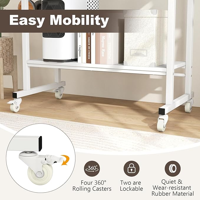 Tangkula Rolling Computer Desk Cart with Keyboard Tray, Mobile Portable Laptop PC Desk with CPU Stand & 3 Hooks for Sofa & Bed, Compact Small Desk on Wheels for Small Spaces (White)