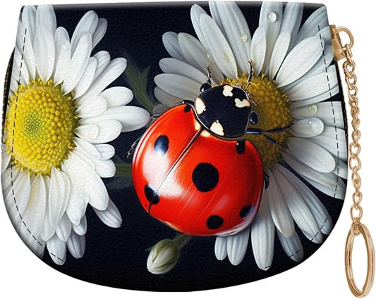 Women's Slim RFID Wallet – Compact Leather Card Holder Wallet for Women, 9 Card Slots RFID Blocking Credit Card Organizer, Small Travel Wallet - Ladybug on Daisy Flower