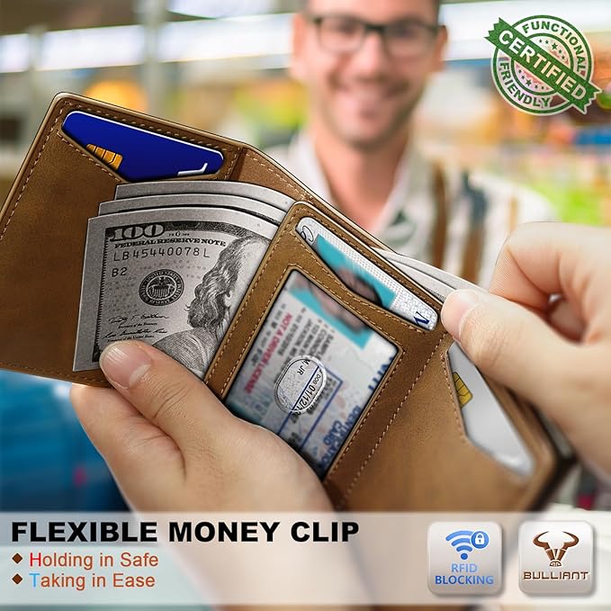 BULLIANT Men Wallet Leather Wallet Card Holders Money Clip for Men 10Cards-Magnetic Flip on Metal Case
