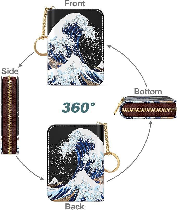 Nipichsha Credit Card Holder, Small RFID Card Wallet for Women, Slim Leather Card Holder Wallet, Credit Card Wallet Organizer, Pocket Business Card Case with Zipper & Keychain, Japanese Wave