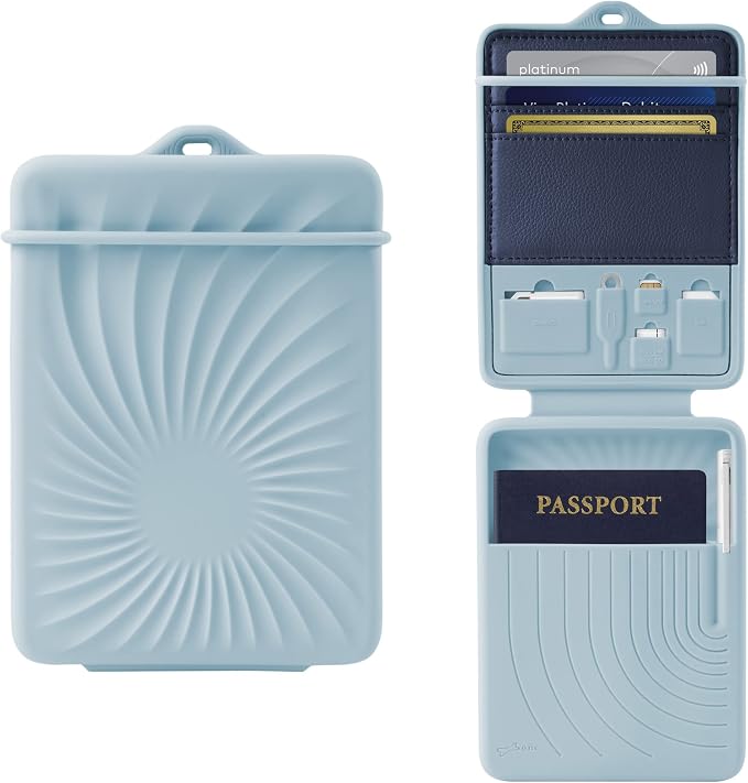 Bone Lanyard Passport Holder, Passport Cover with Travel Gadget Set & Card Slots, Duel-Sided Passport Wallet with Leather & Premium Silicone (Blue)