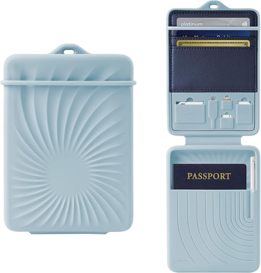 Bone Lanyard Passport Holder, Passport Cover with Travel Gadget Set & Card Slots, Duel-Sided Passport Wallet with Leather & Premium Silicone (Blue)