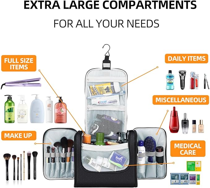 Buruis Extra Large Toiletry Bag for Women and Men, Hanging Travel Bag with Detachable Shoulder Strap for Full-Sized Toiletries, Water-Resistant Dopp Kit for Family Use and Long Trips, Black