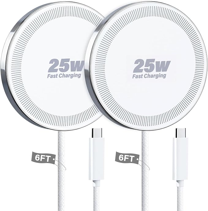 25W Wireless Charger for MagSafe, Magnetic Fast Charging Pad for iPhone 17/16/15/14/13/12 Series & AirPods, Strong Magnet, Portable Wireless Charger for Travel Home Office (White, 2Pack(6FT))