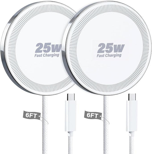 25W Wireless Charger for MagSafe, Magnetic Fast Charging Pad for iPhone 17/16/15/14/13/12 Series & AirPods, Strong Magnet, Portable Wireless Charger for Travel Home Office (White, 2Pack(6FT))
