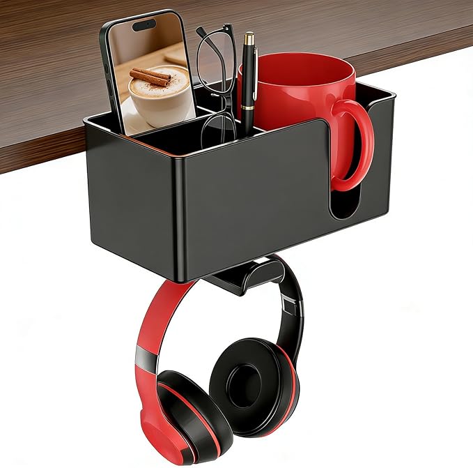 MYITYARD 4 in 1 Desk Cup Holder Clamp, Detachable Clip On Drink Holder with Rotating Headphone Hanger, Anti-Spill Desktop Organizer Pen Holder for Mug, Pen, Phone, Gaming Office Desk Accessories
