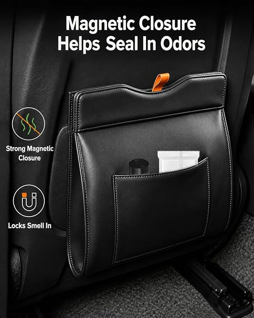 Leather Car Trash Can, Leakproof Car Garbage Can Storage Pocket, Magnetic Liner-Hold, Waterproof Faux Leather Car Trash Bin with Metal Hooks, Odor-Lock Hanging Car Trash Bin for SUV, Sedan, Truck