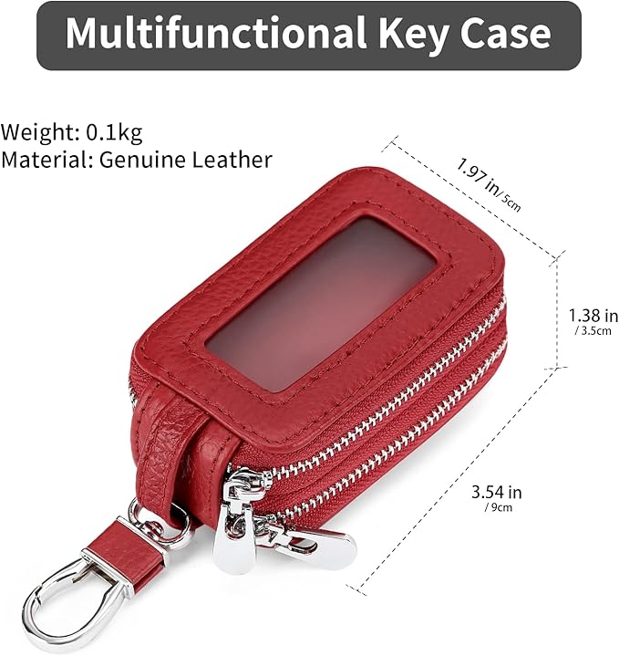 SENDEFN Car Key Fob Case Double Zipper Leather Smart Remote Keychain Protector Holder with Transparent Window
