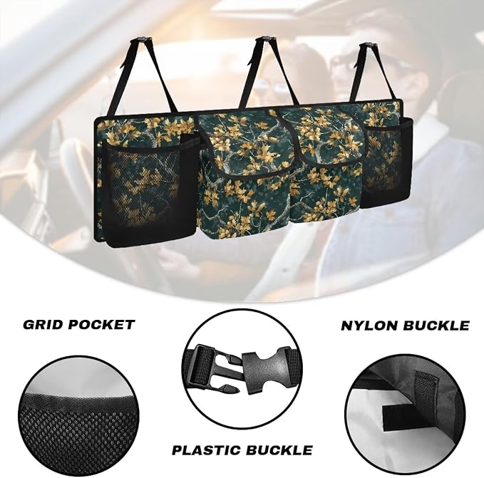 Green Branch Leaves Trunk Organizer For Car, Suv, Truck Adjustable Multi Pocket Collapsible Car Trunk Organizer Backseat Cargo Storage Bag With Securing Straps