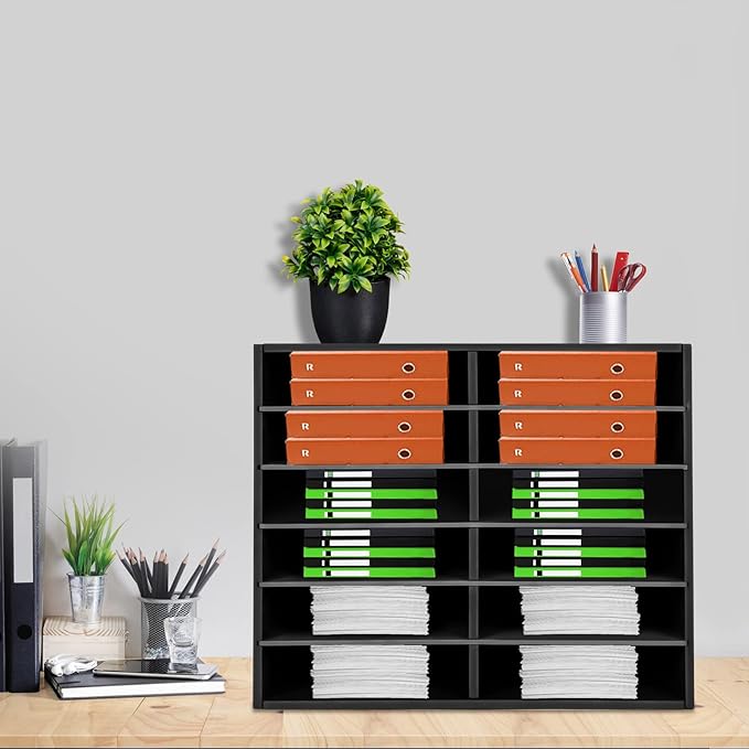 Literature Organizer Sorter for Desk, 12 Slots Adjustable File Sorter Mail Organizer, Paper Sorter Organizer, Open Design Paper Storage Mailbox for Office School Classroom, Black