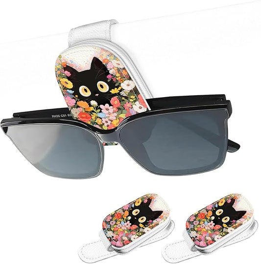 2 Pack Magnetic Leather Sunglass Holder, Universal Magnetic Car Eyeglass Hanger Clip for Different Size Eyeglasses, Car Visor Accessories (Flower Cat)