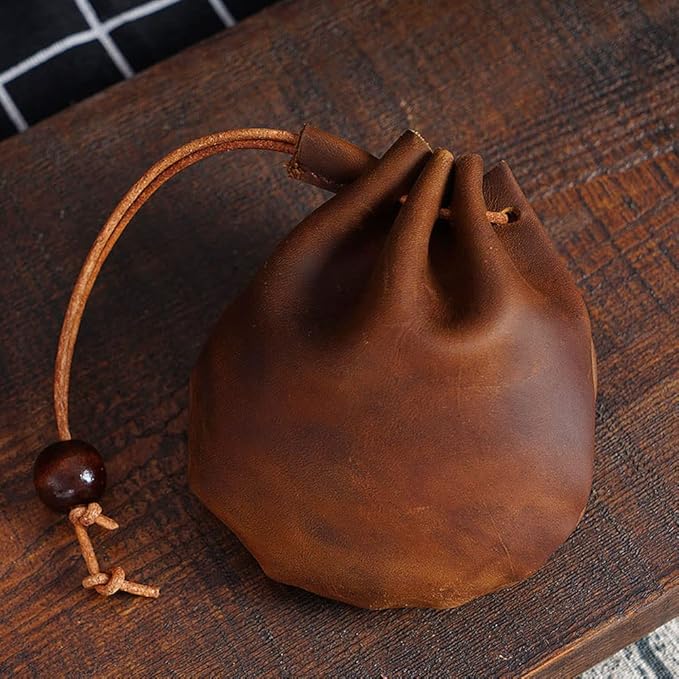 1 Pcs Mini Leather Drawstring Coin Purse Vintage Leather Coin Bag, Coin Organizer, Change Holder,Leather Drawstring Pouch for Men & Women