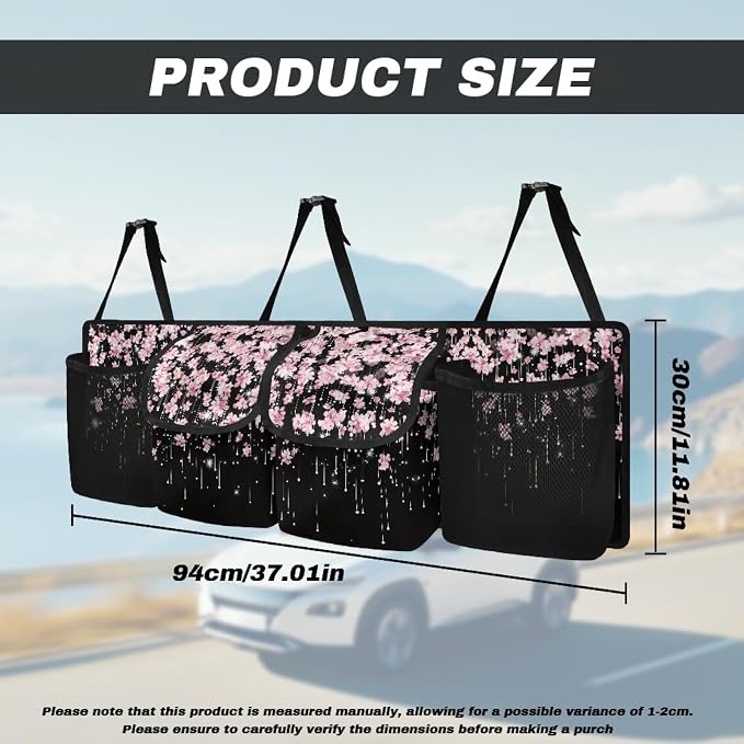 Cherry Blossom Auto Back Seat Trunk Organizer Hanging Car Organizer Trunk Foldable Cargo Storage with 4 Large Pockets 3 Adjustable Straps 37x11.8inch