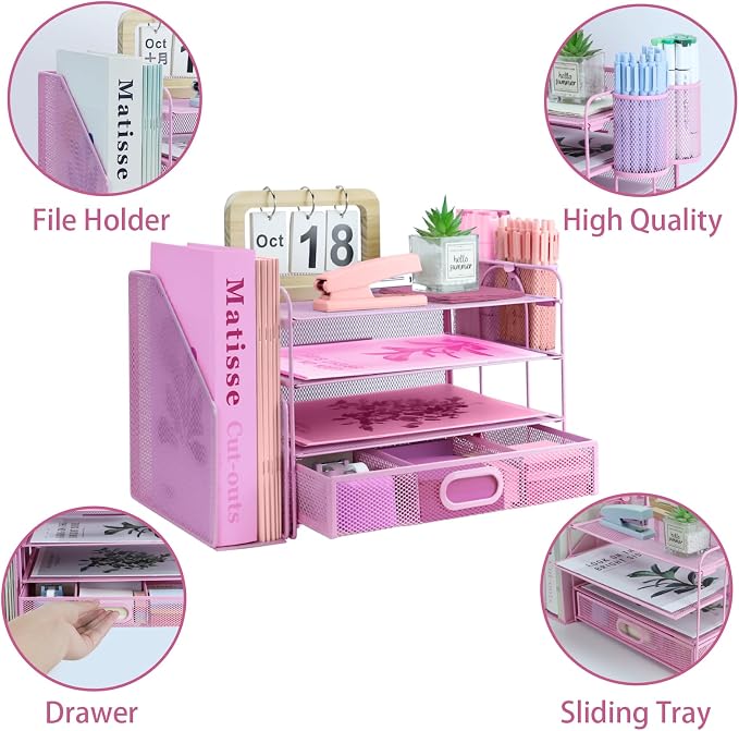 Desk Organizers and Accessories with File Holder, 4-Tier Paper Letter Tray Organiser with Drawer and 2 Pen Holder, Mesh Desktop Document Organizer for Office Supplies, Workspace - Pink