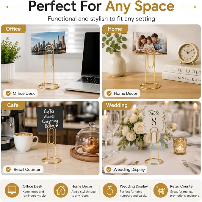 5.2 Inch Desktop Memo Holder, 4 Pack Jumbo Metal Desk Paper Clip Organizer for Office Table, Place Card, Bills, Photos, Table Numbers, Multi-Purpose Document Stand Accessory