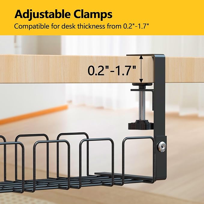 Under Desk Cable Management Tray,15.7” No Drill Cord Organizer with Clamps for Wire Management,4MM Under Desk Cable Management Tray for Home Office(Black)