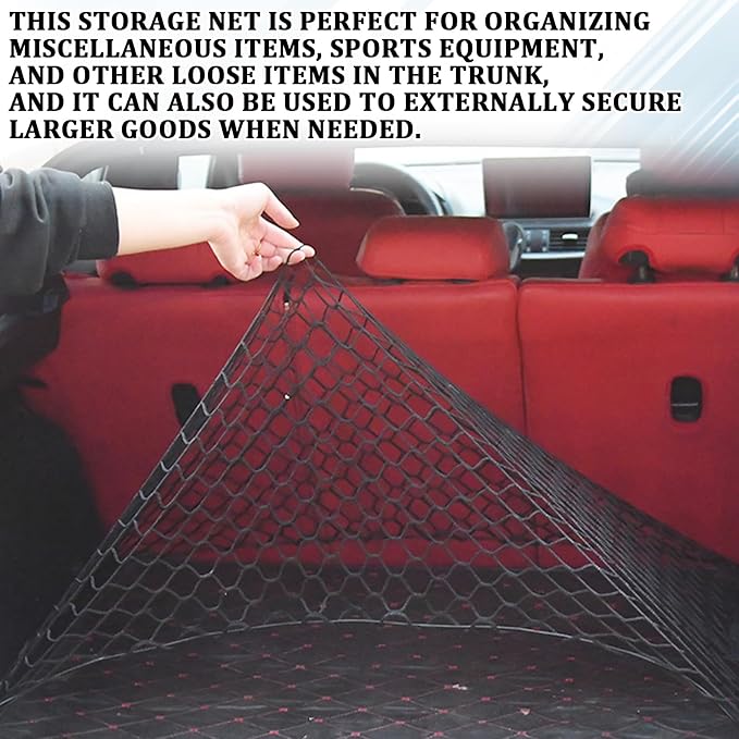Car Rear Cargo Net, Adjustable Elastic Car Trunk Cargo Storage Net with Hooks, Automotive Double-Layer Black Nylon Tailgate Net Exterior Accessories for Most Cars, SUVs, Trucks (35.4"x 15.7")