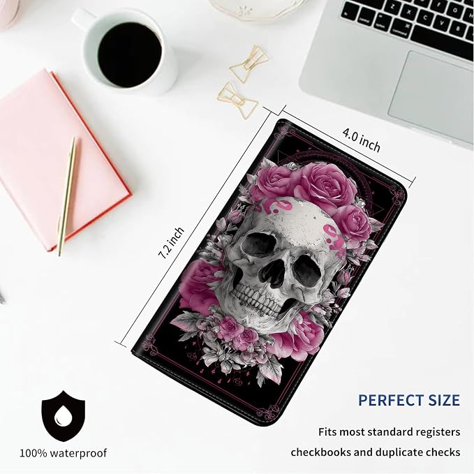 DEGDFSGR Checkbook Cover PU Leather Checkbook Covers for Women for Duplicate Checks, Check Book Covers with RFID Blocking Function for Personal Checkbook, A Skull With Pink Flowers