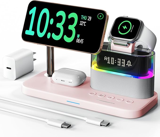 5 in 1 Wireless Charging Station,Alarm Clock with Night Light Magnetic Multiple Charger for iPhone 17/16/15/14/13/12 Pro Max,Apple Watch Series Air-Pods,Bedroom Charging Stand
