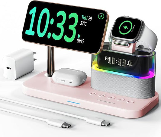 5 in 1 Wireless Charging Station,Alarm Clock with Night Light Magnetic Multiple Charger for iPhone 17/16/15/14/13/12 Pro Max,Apple Watch Series Air-Pods,Bedroom Charging Stand
