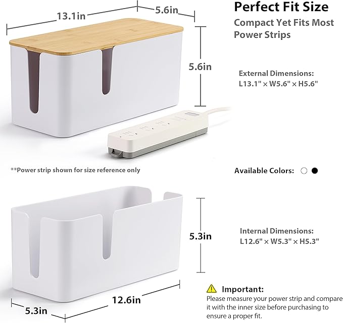 ZhiYo Bamboo Lid Cord Organizer Box, Safe ABS Cable Management Box for TV and Computer, Wood Cover Cord Hider to Hide Wires, Router, USB Hub & Under Desk Power Strip, 1 Pack L13.1 xW5.6 xH5.6 White