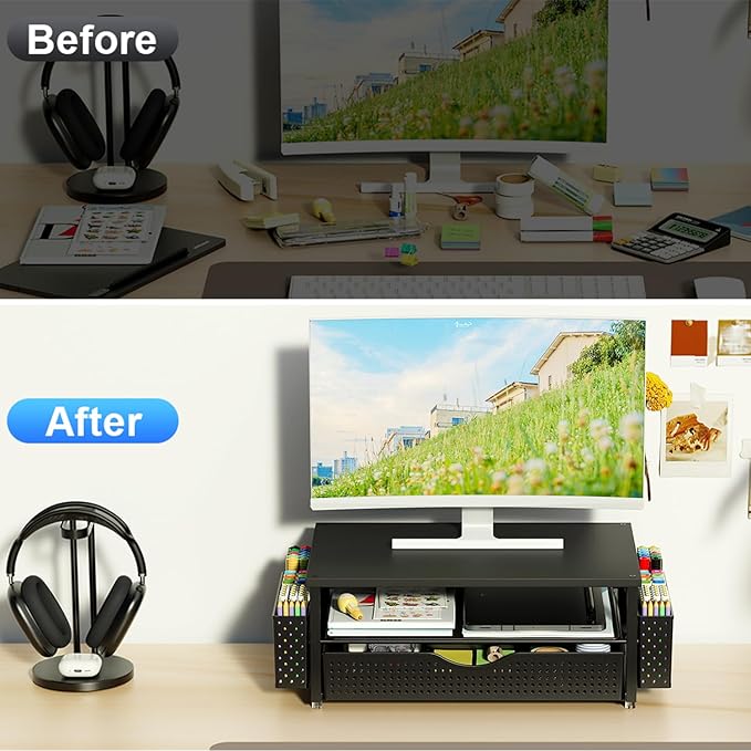 Spacrea Desk Organizer and Accessories, Computer Monitor Stand Riser with Drawer and 2 Pen Holders, Office Desk Accessories & Workspace Organizers for Office Supplies (Black)