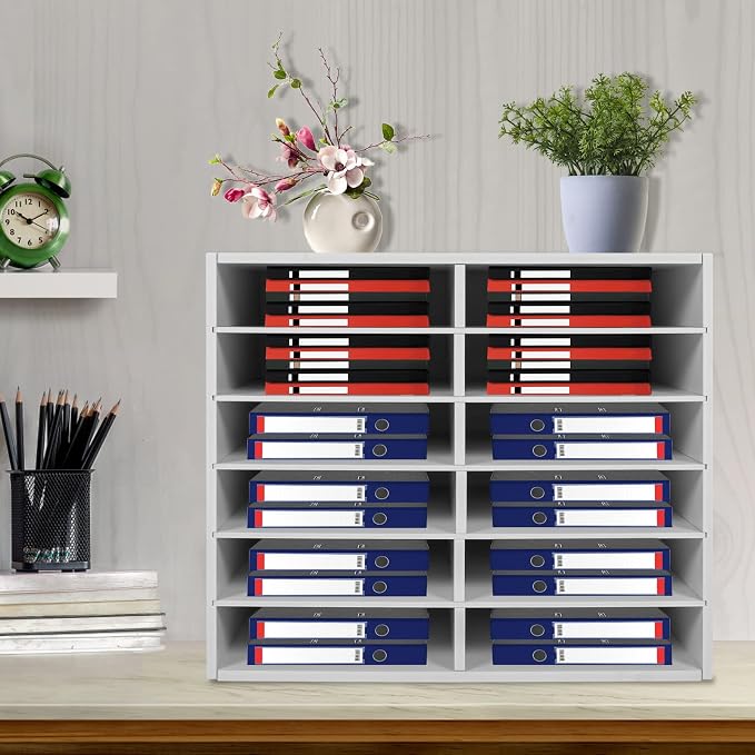 Literature Organizer Sorter for Desk, 12 Slots Adjustable File Sorter Mail Organizer, Paper Sorter Organizer, Open Design Paper Storage Mailbox for Office School Classroom, White