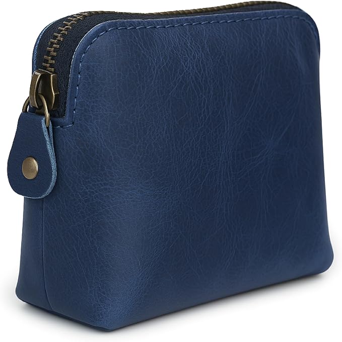 Full Grain Leather Cosmetic Bag – Zippered Makeup Pouch for Women, Small Travel Toiletry & Organizer Pouch for Purse, Premium Handmade Leather (5 × 4 × 2.5 in)