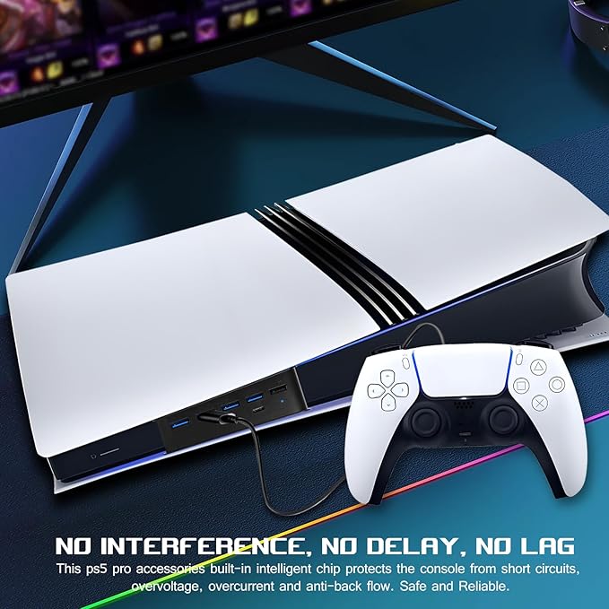 6 Port USB Hub for PS5 Pro & PS5 Slim Console Disc/Digital, High-Speed Extra USB Ports for PS5 Slim Pro Accessories, PS5 Hub Charger Splitter Adapter with 4 USB 2.0 + 1 USB Charging Port +1 Type C 3.0