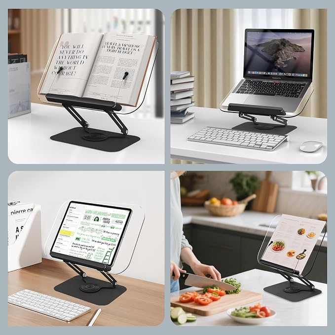 Acrylic Book Stand for Reading Hands Free - Adjustable 360° Rotating Cookbook Holder with Elastic Page Clips & Foldable Base, Multi-Angle Desktop Display Stand for Recipes, Laptops, Tablets, Bibles