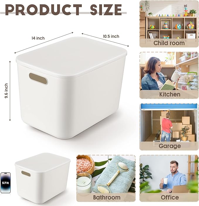 Tuanse 8 Pieces White Plastic Storage Bins with Lids, Stackable Storage baskets with Handle Containers Box for Shelves Drawers Desktop Playroom Classroom Office Organization(14 x 10.5 x 9.6 Inches)