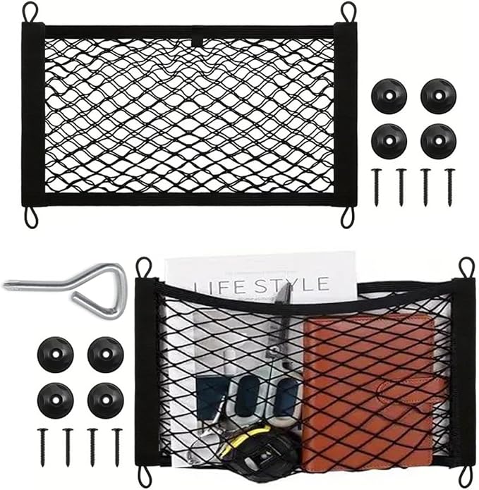 2 Pcs Small Cargo Net, Trunk Storage with Screws and Hooks, Elastic Net Bag for Car, RV, Boat (22in×9.8in)