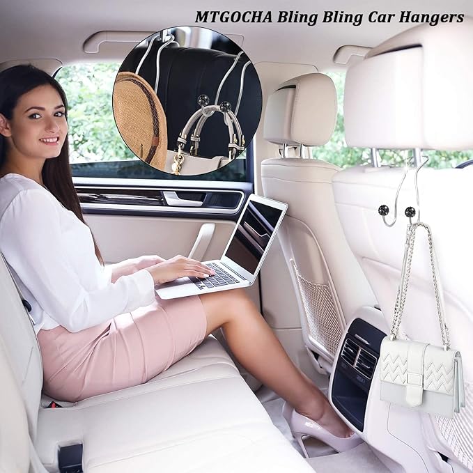 MTGOCHA Bling Purse Hook for Car Headrest, Upgraded Cute Car Seat Hooks for Bag Handbag, Durable Stainless Auto Purse Hanger Holder 2 Pack, Black