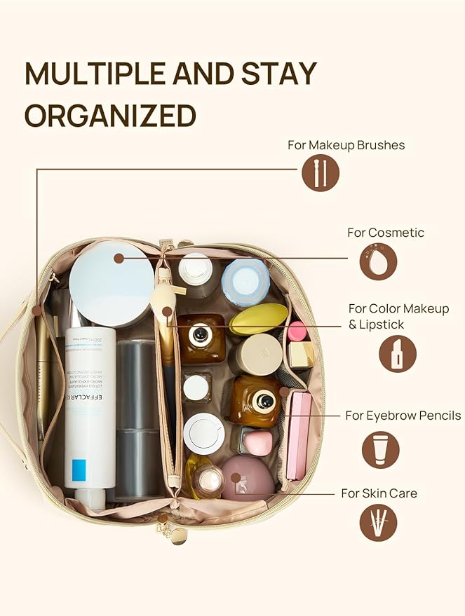 Telena Leather Make Up Bag Portable Travel Makeup Bag Waterproof Cosmetic Bags for Women Large Capacity With Handle and Divider Open Lay Flat