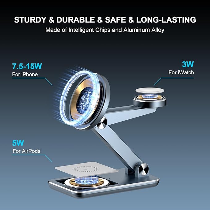 Wireless Charger 3 in 1,Foldable Wireless Charging Station for Apple MagSafe Charger,Aluminum Portable Magnetic Travel Charger Stand for iPhone,Watch,Aipods (with 20W Adapter & Case)
