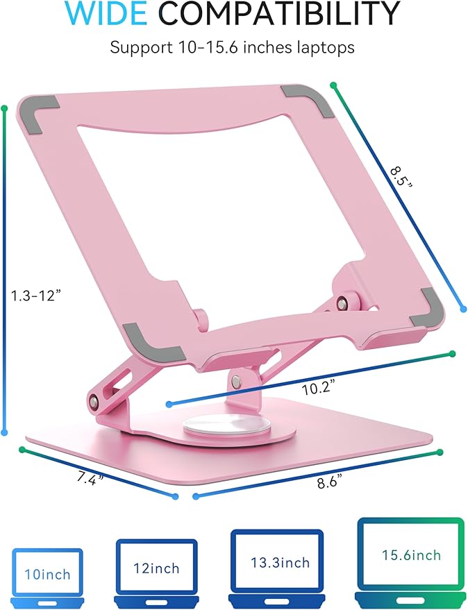 SOUNDANCE 360 Rotating Laptop Stand, Ergonomic Computer Riser for Desk, Adjustable Height Multi-Angle Metal Holder, Foldable Portable Notebook Elevating Base for Office & Home, Pink